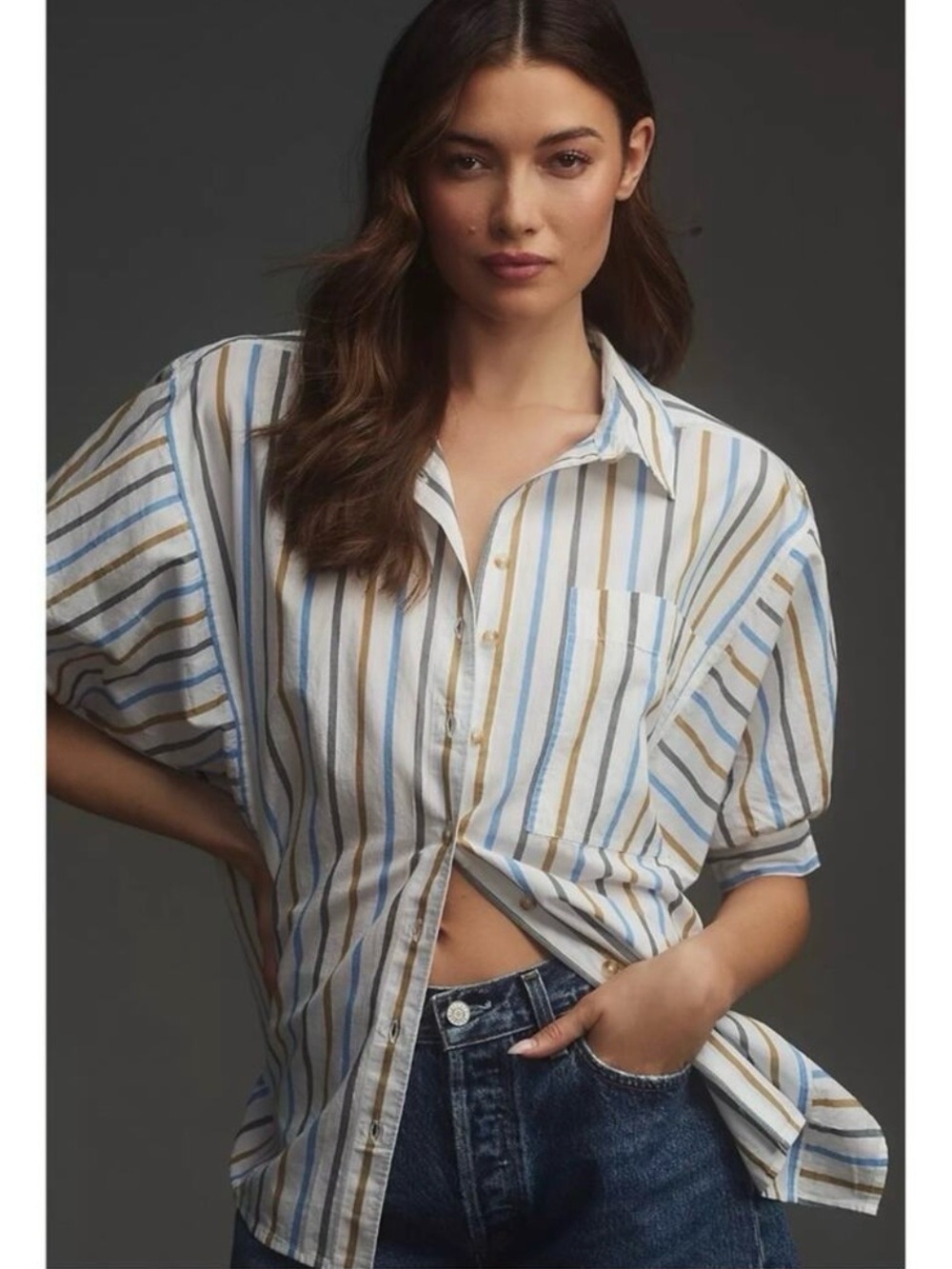 Anthropologie Pilcro Painter Button Down Shirt Neutral Stripes Plus Size 1X